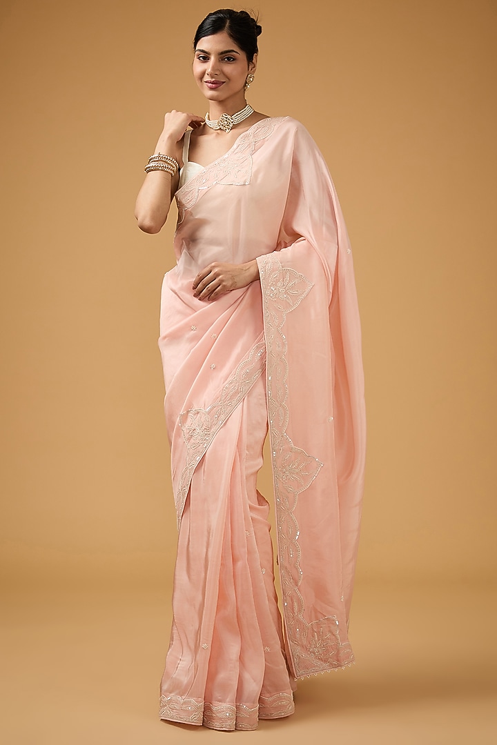 Peach Modal Silk Floral Embroidered Wedding Saree Set by Aharin India at Pernia's Pop Up Shop