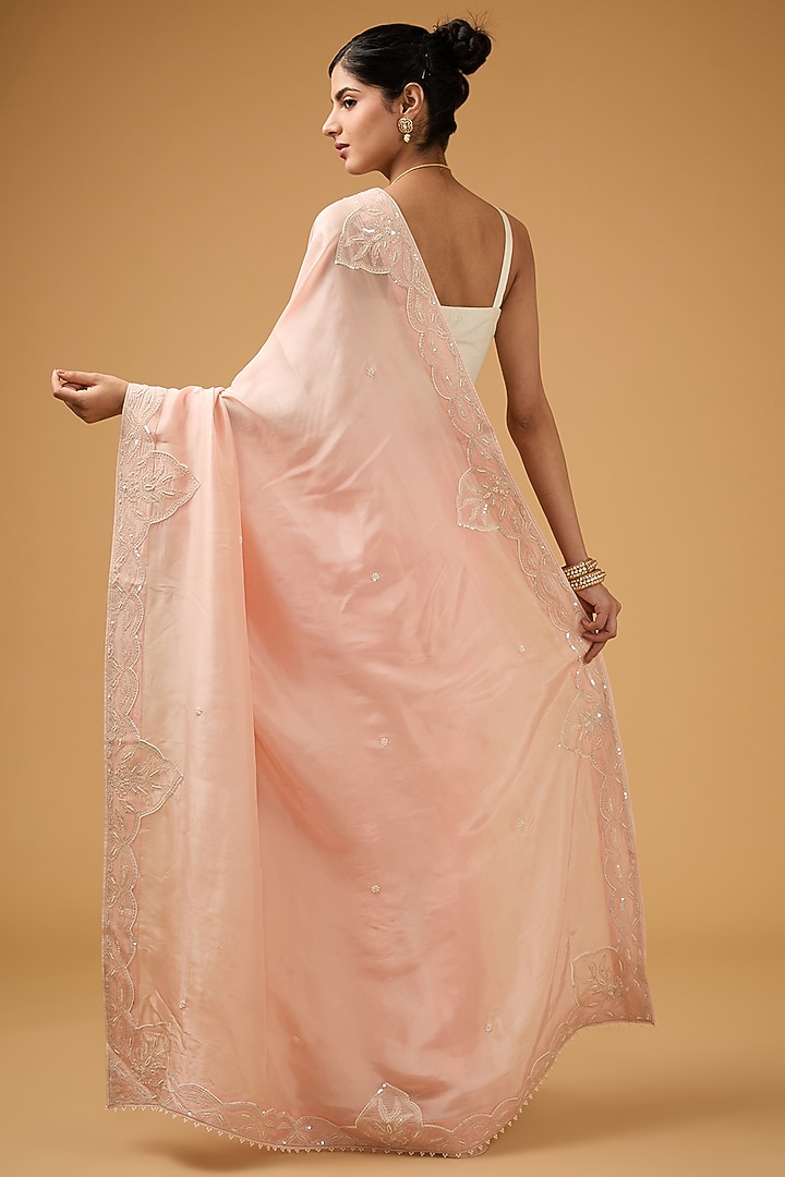 Peach Modal Silk Floral Embroidered Wedding Saree Set by Aharin India at Pernia's Pop Up Shop