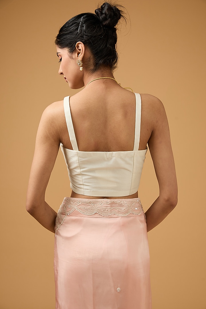 Peach Modal Silk Floral Embroidered Wedding Saree Set by Aharin India at Pernia's Pop Up Shop