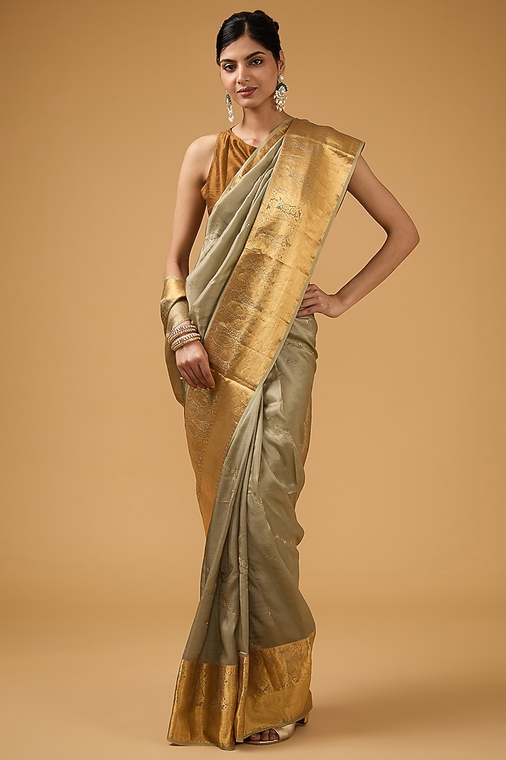 Grey-Olive Green Silk Sequins Motif Embroidered Party Wear Saree Set by Aharin India at Pernia's Pop Up Shop