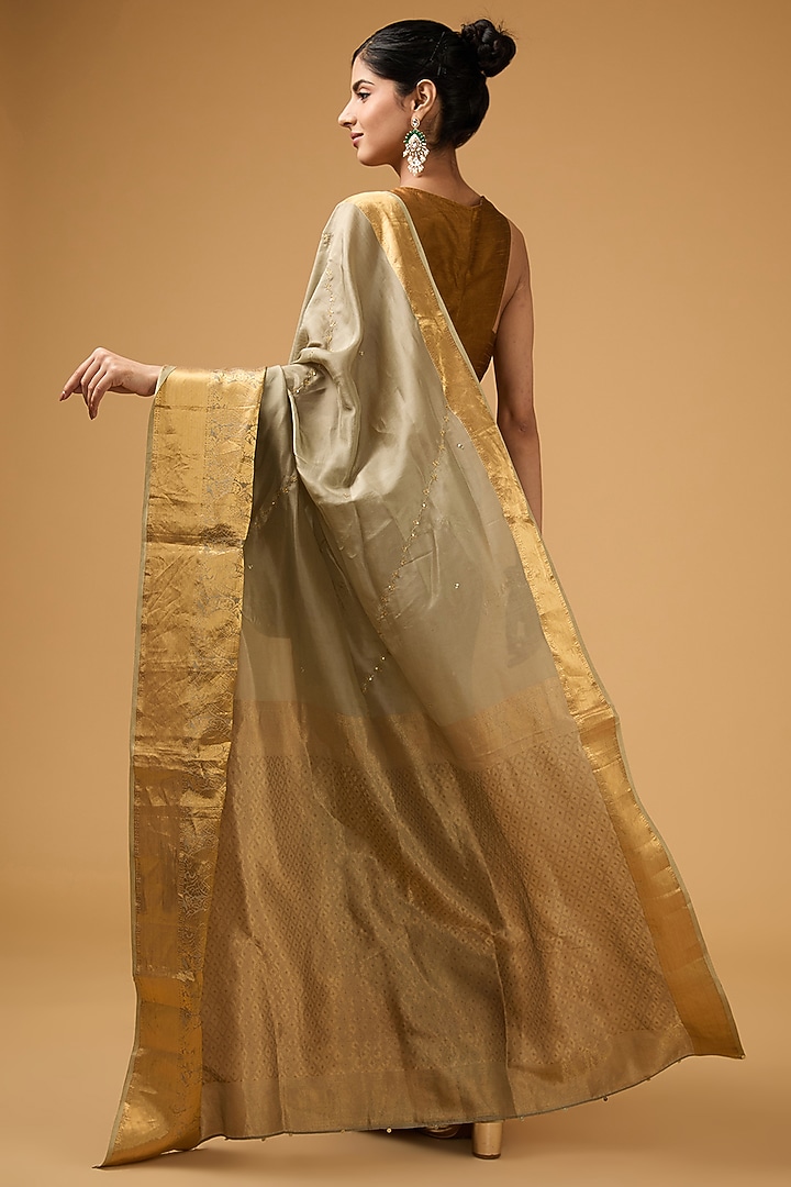 Grey-Olive Green Silk Sequins Motif Embroidered Party Wear Saree Set by Aharin India at Pernia's Pop Up Shop