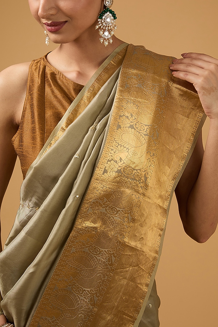 Grey-Olive Green Silk Sequins Motif Embroidered Party Wear Saree Set by Aharin India at Pernia's Pop Up Shop