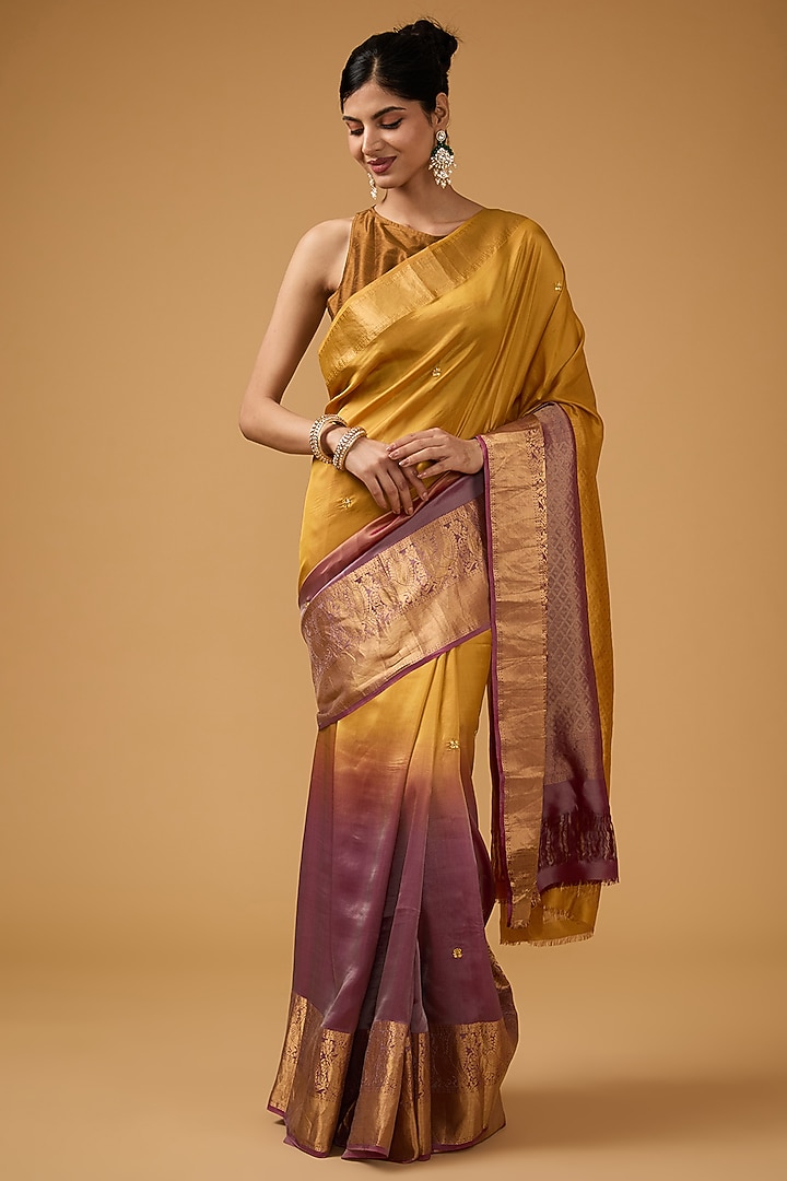 Mustard & Plum Silk Sequins Motif Embroidered Party Wear Saree Set by Aharin India at Pernia's Pop Up Shop