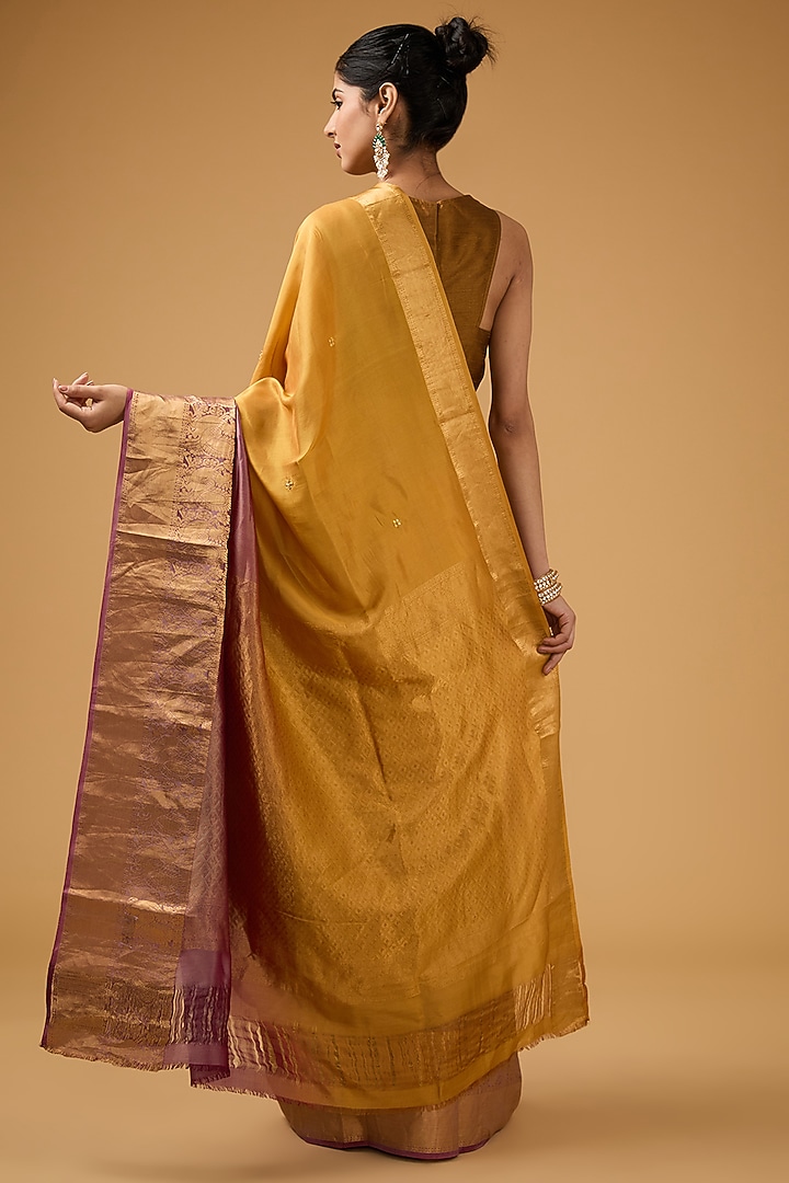 Mustard & Plum Silk Sequins Motif Embroidered Party Wear Saree Set by Aharin India at Pernia's Pop Up Shop