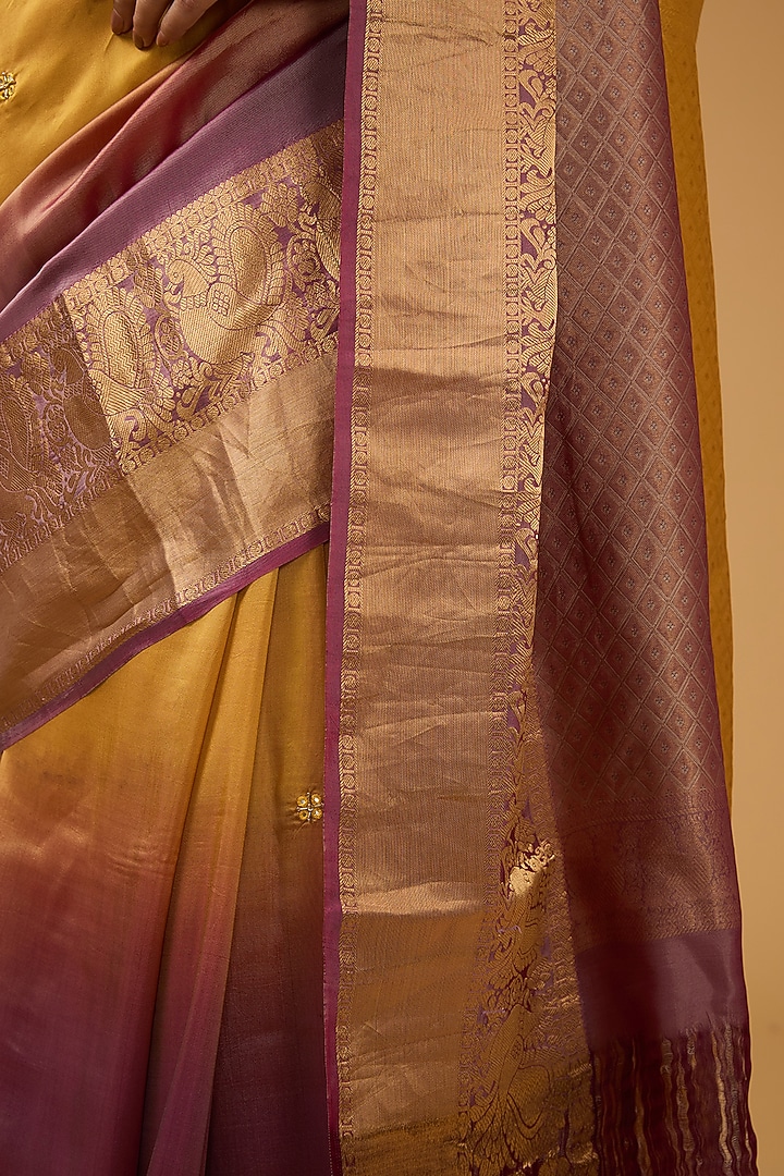 Mustard & Plum Silk Sequins Motif Embroidered Party Wear Saree Set by Aharin India at Pernia's Pop Up Shop