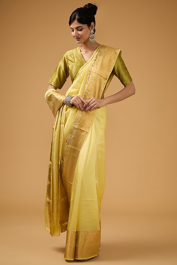 Lime Yellow Silk Floral Motif Embroidered Party Wear Saree Set by Aharin India at Pernia's Pop Up Shop