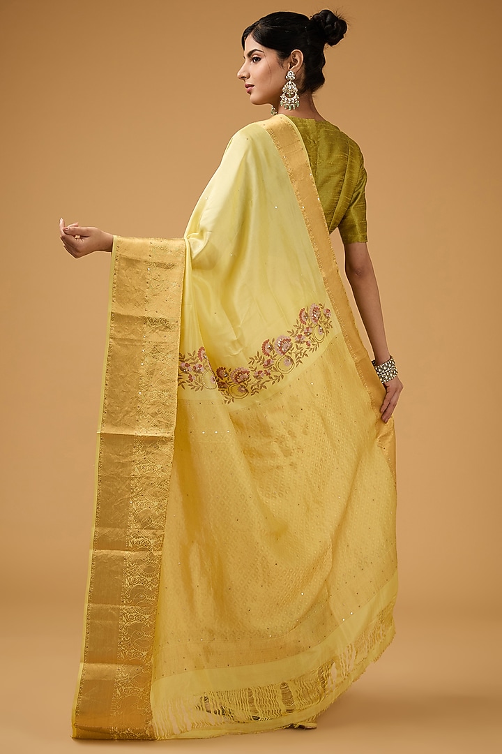 Lime Yellow Silk Floral Motif Embroidered Party Wear Saree Set by Aharin India at Pernia's Pop Up Shop