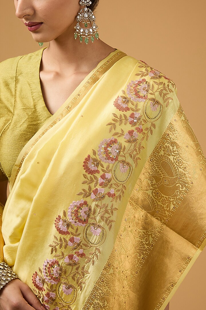 Lime Yellow Silk Floral Motif Embroidered Party Wear Saree Set by Aharin India at Pernia's Pop Up Shop