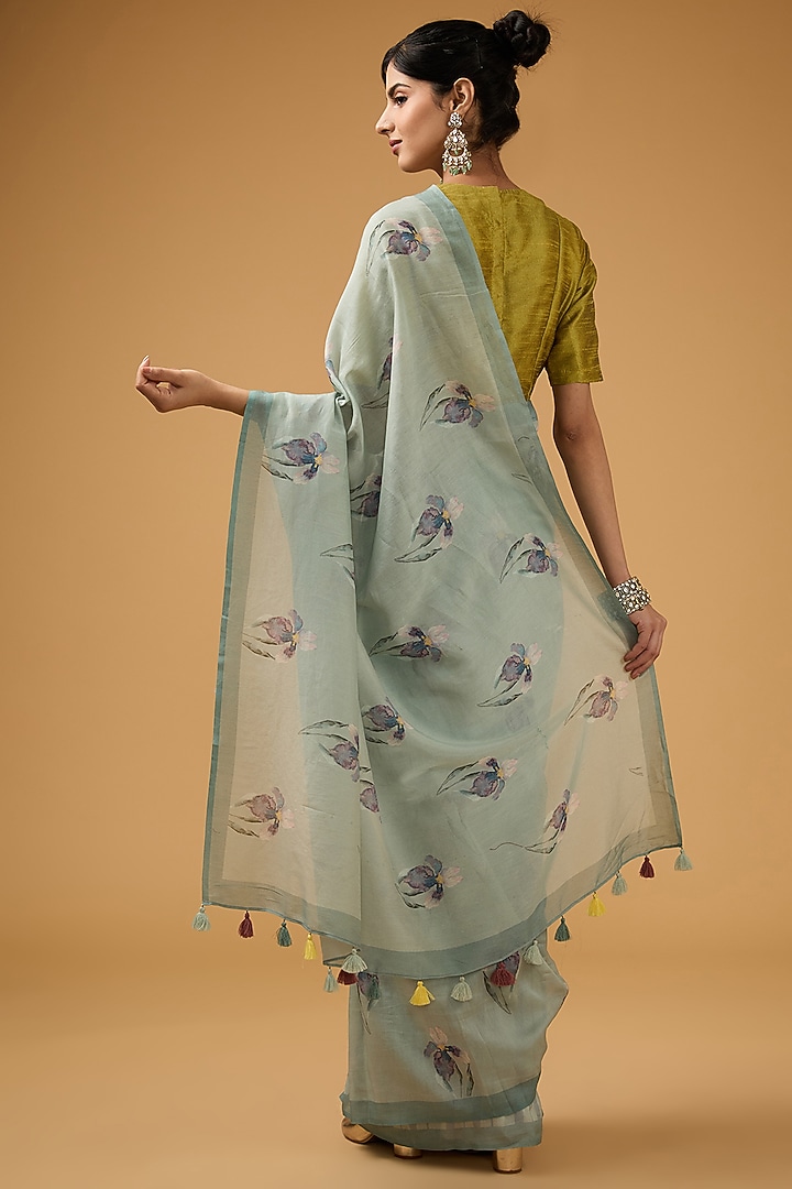 Blue Viscose Floral Printed Party Wear Saree Set by Aharin India at Pernia's Pop Up Shop