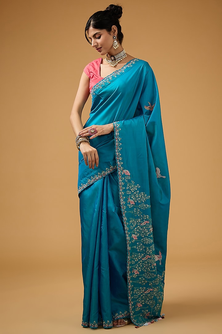 Turquoise Blue Silk Floral Embroidered Saree Set by Aharin India
