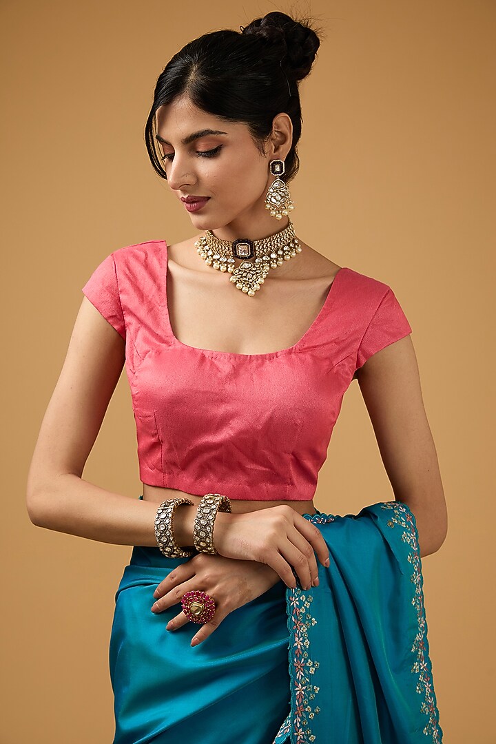 Turquoise Blue Silk Floral Embroidered Wedding Saree Set by Aharin India at Pernia's Pop Up Shop