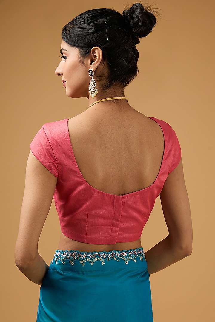 Turquoise Blue Silk Floral Embroidered Wedding Saree Set by Aharin India at Pernia's Pop Up Shop