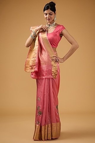 Coral Pink Silk Floral Motif Embroidered Saree Set by Aharin India