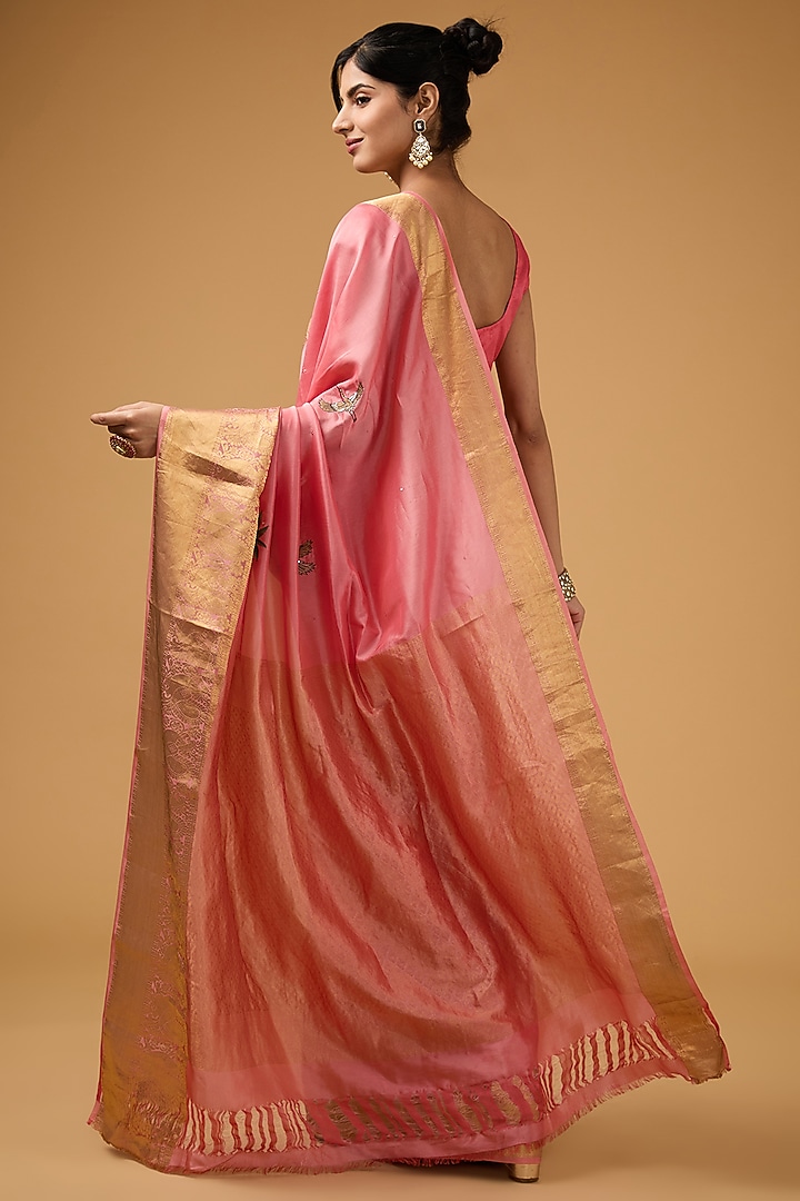 Coral Pink Silk Floral Motif Embroidered Party Wear Saree Set by Aharin India at Pernia's Pop Up Shop