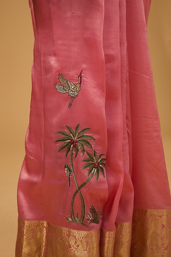 Coral Pink Silk Floral Motif Embroidered Party Wear Saree Set by Aharin India at Pernia's Pop Up Shop