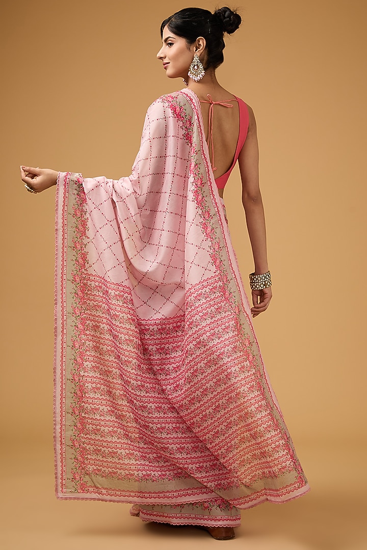 Pink Silk Floral Printed Party Wear Saree Set by Aharin India at Pernia's Pop Up Shop