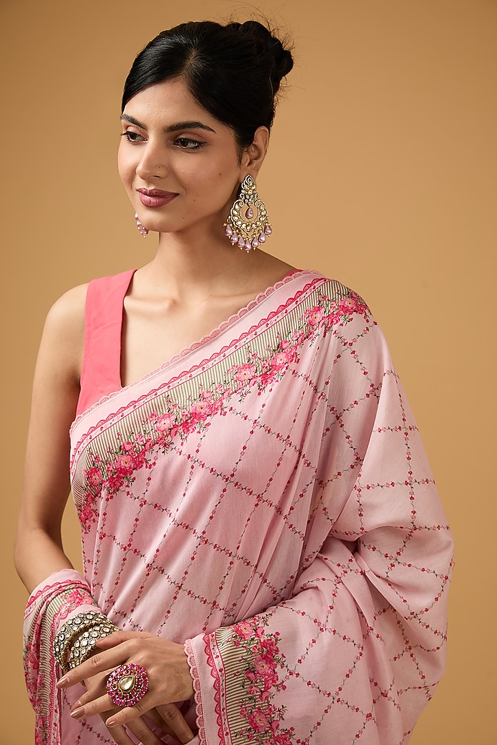 Pink Silk Floral Printed Party Wear Saree Set by Aharin India at Pernia's Pop Up Shop