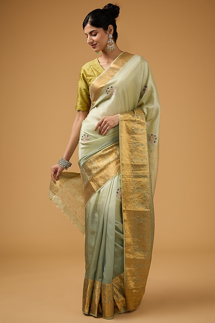 Pista Green Silk Floral Motif Embroidered Party Wear Saree Set by Aharin India at Pernia's Pop Up Shop
