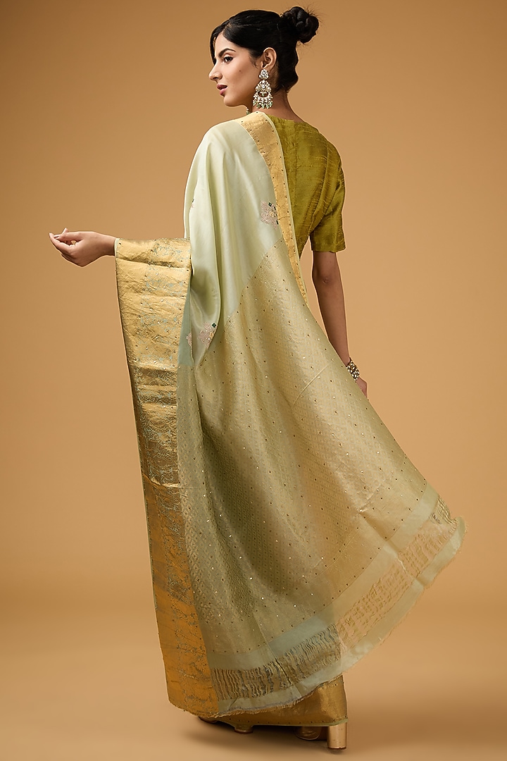Pista Green Silk Floral Motif Embroidered Party Wear Saree Set by Aharin India at Pernia's Pop Up Shop