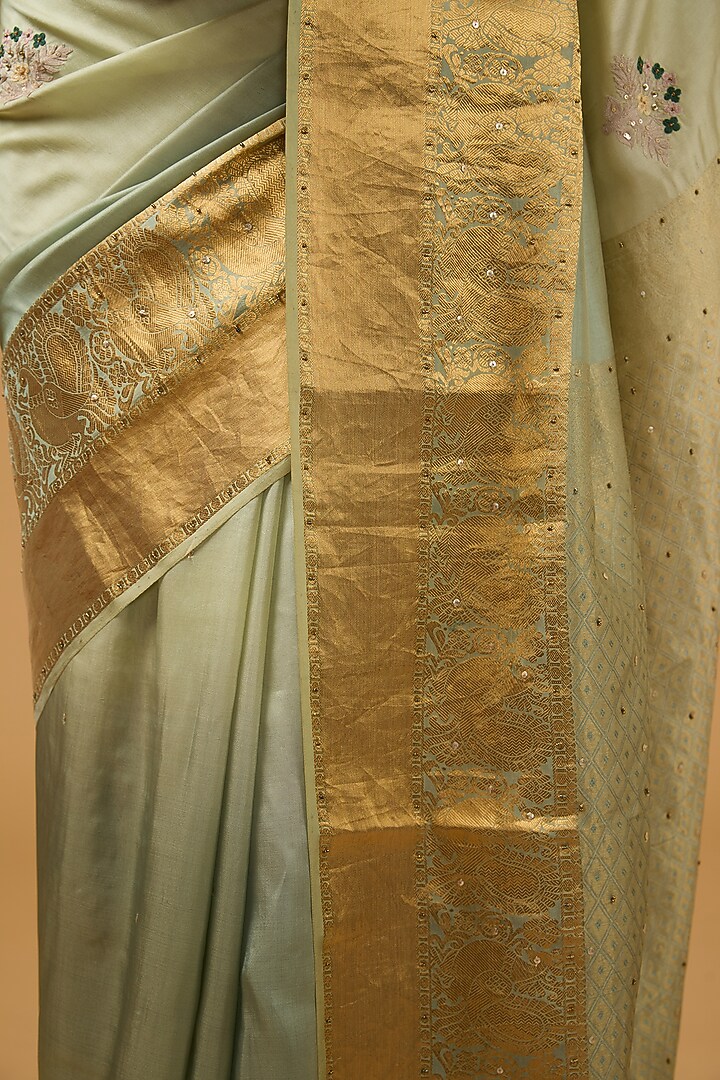 Pista Green Silk Floral Motif Embroidered Party Wear Saree Set by Aharin India at Pernia's Pop Up Shop