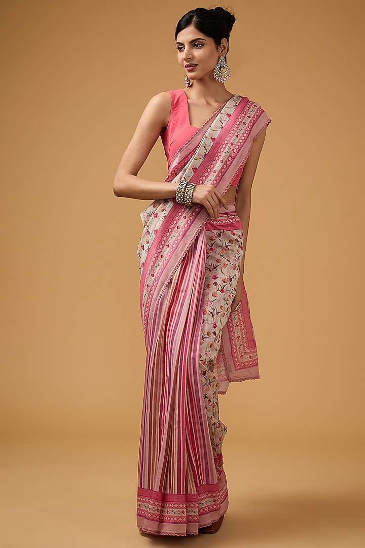 Pink Viscose Floral Printed Party Wear Saree Set by Aharin India at Pernia's Pop Up Shop