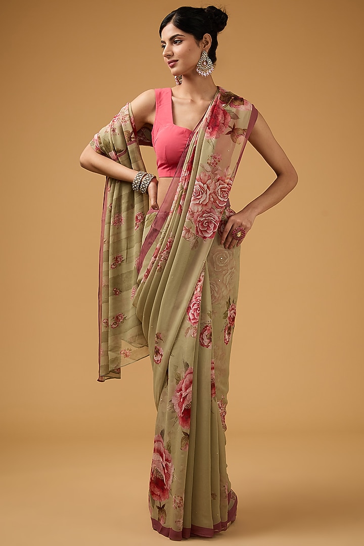 Green Viscose Floral Printed Party Wear Saree Set by Aharin India at Pernia's Pop Up Shop