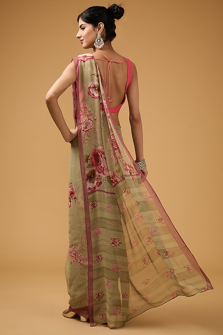 Green Viscose Floral Printed Party Wear Saree Set by Aharin India at Pernia's Pop Up Shop