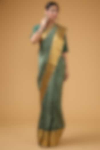 Dark Pista Green Silk Block Printed Saree Set by Aharin India