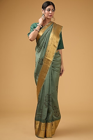 Dark Pista Green Silk Block Printed Saree Set by Aharin India