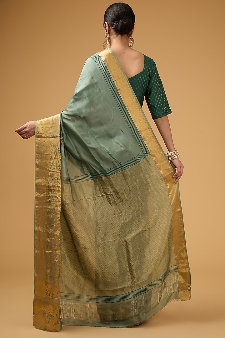 Dark Pista Green Silk Block Printed Party Wear Saree Set by Aharin India at Pernia's Pop Up Shop