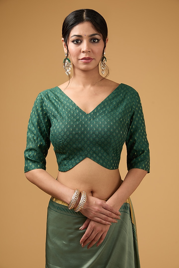 Dark Pista Green Silk Block Printed Party Wear Saree Set by Aharin India at Pernia's Pop Up Shop