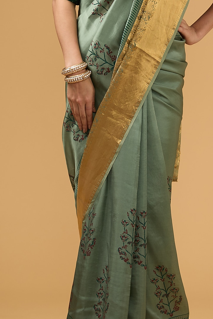 Dark Pista Green Silk Block Printed Party Wear Saree Set by Aharin India at Pernia's Pop Up Shop