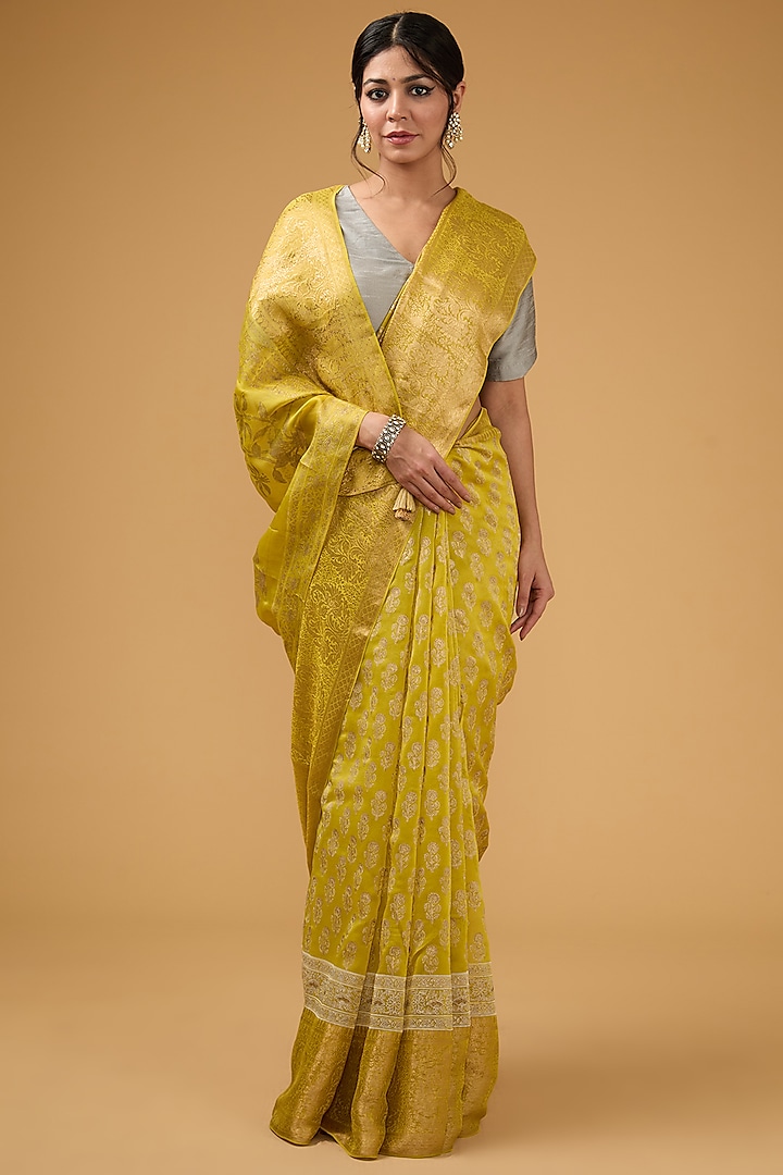 Mustard Silk Block Printed Saree Set by Aharin India