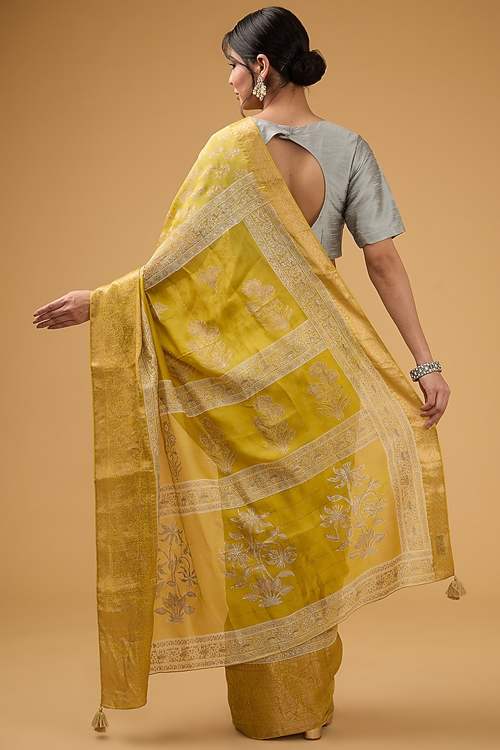 Mustard Silk Block Printed Party Wear Saree Set by Aharin India at Pernia's Pop Up Shop
