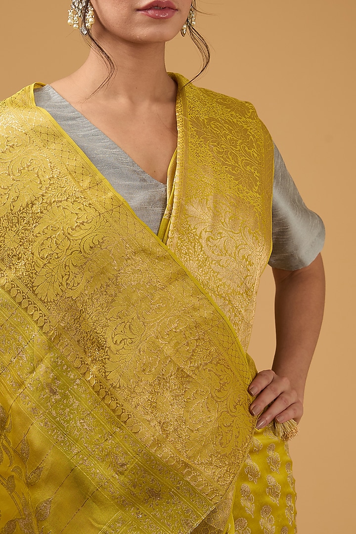 Mustard Silk Block Printed Party Wear Saree Set by Aharin India at Pernia's Pop Up Shop