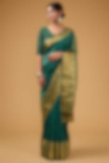 Dark Green Silk Block Printed Saree Set by Aharin India