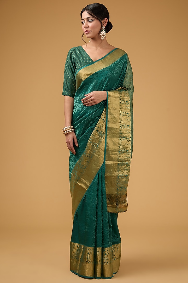 Dark Green Silk Block Printed Saree Set by Aharin India