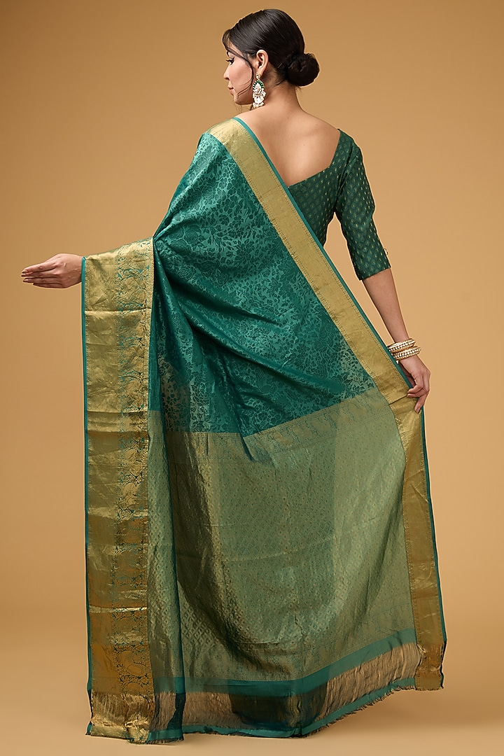Dark Green Silk Block Printed Party Wear Saree Set by Aharin India at Pernia's Pop Up Shop