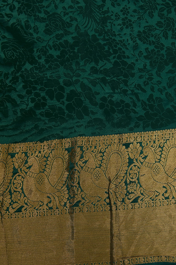 Dark Green Silk Block Printed Party Wear Saree Set by Aharin India at Pernia's Pop Up Shop