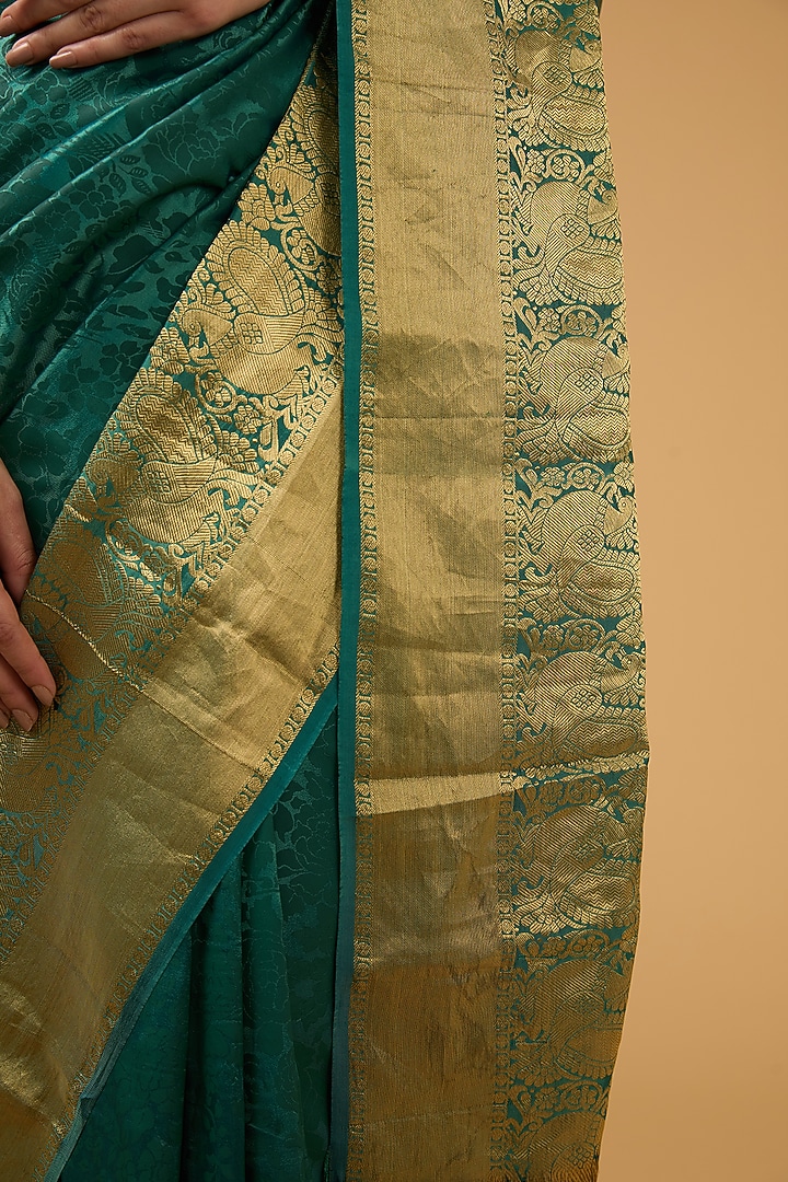 Dark Green Silk Block Printed Party Wear Saree Set by Aharin India at Pernia's Pop Up Shop