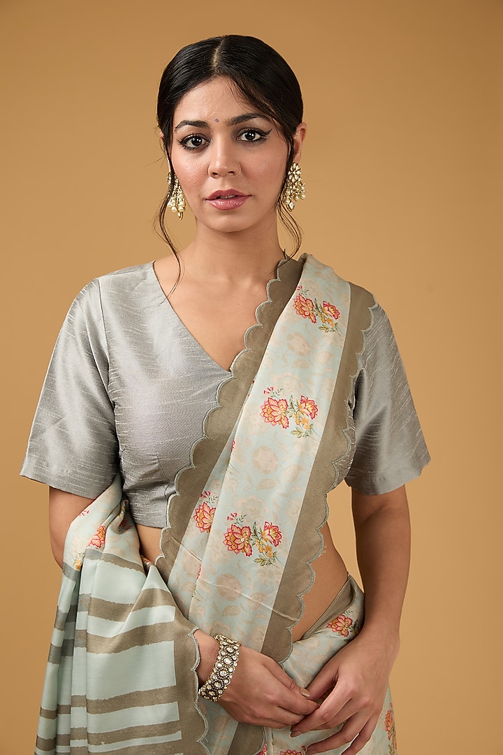 Grey Viscose Floral Printed Party Wear Saree Set by Aharin India at Pernia's Pop Up Shop