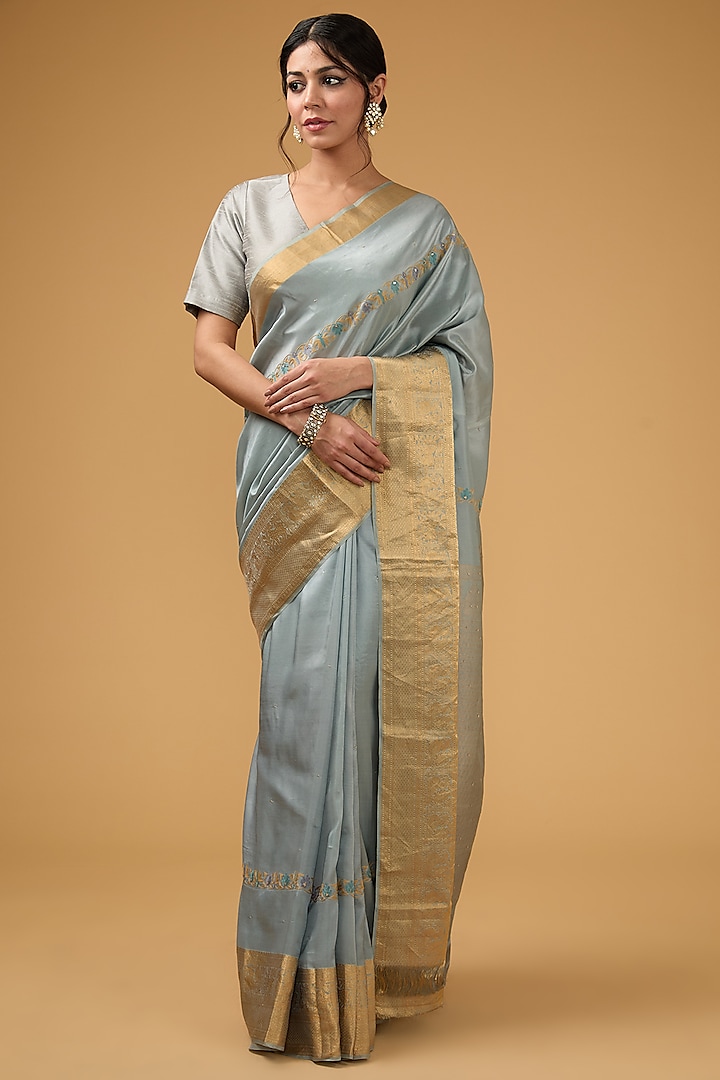 Greyish-Blue Silk Floral Motif Embroidered Party Wear Saree Set by Aharin India at Pernia's Pop Up Shop