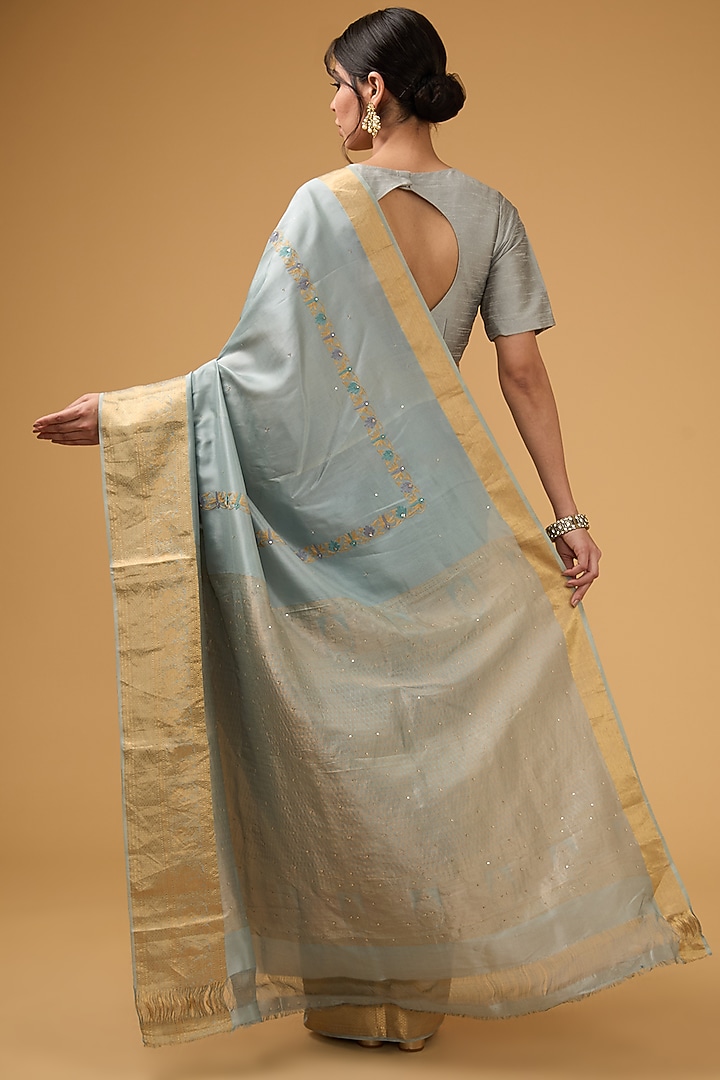 Greyish-Blue Silk Floral Motif Embroidered Party Wear Saree Set by Aharin India at Pernia's Pop Up Shop