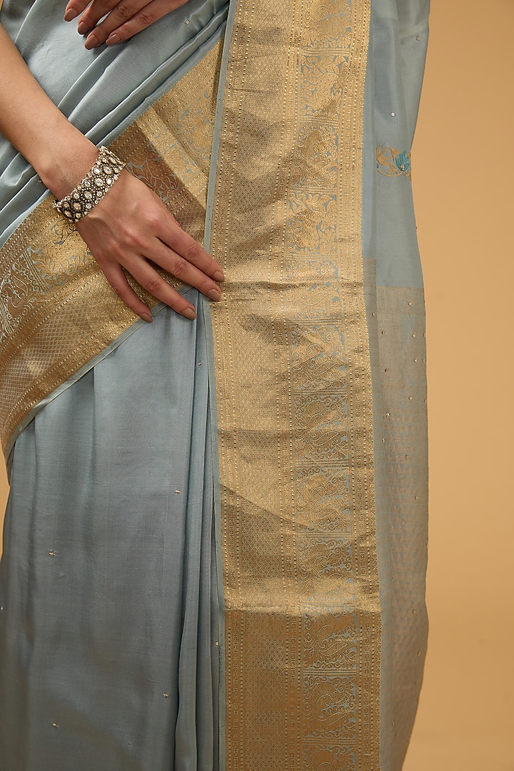 Greyish-Blue Silk Floral Motif Embroidered Party Wear Saree Set by Aharin India at Pernia's Pop Up Shop