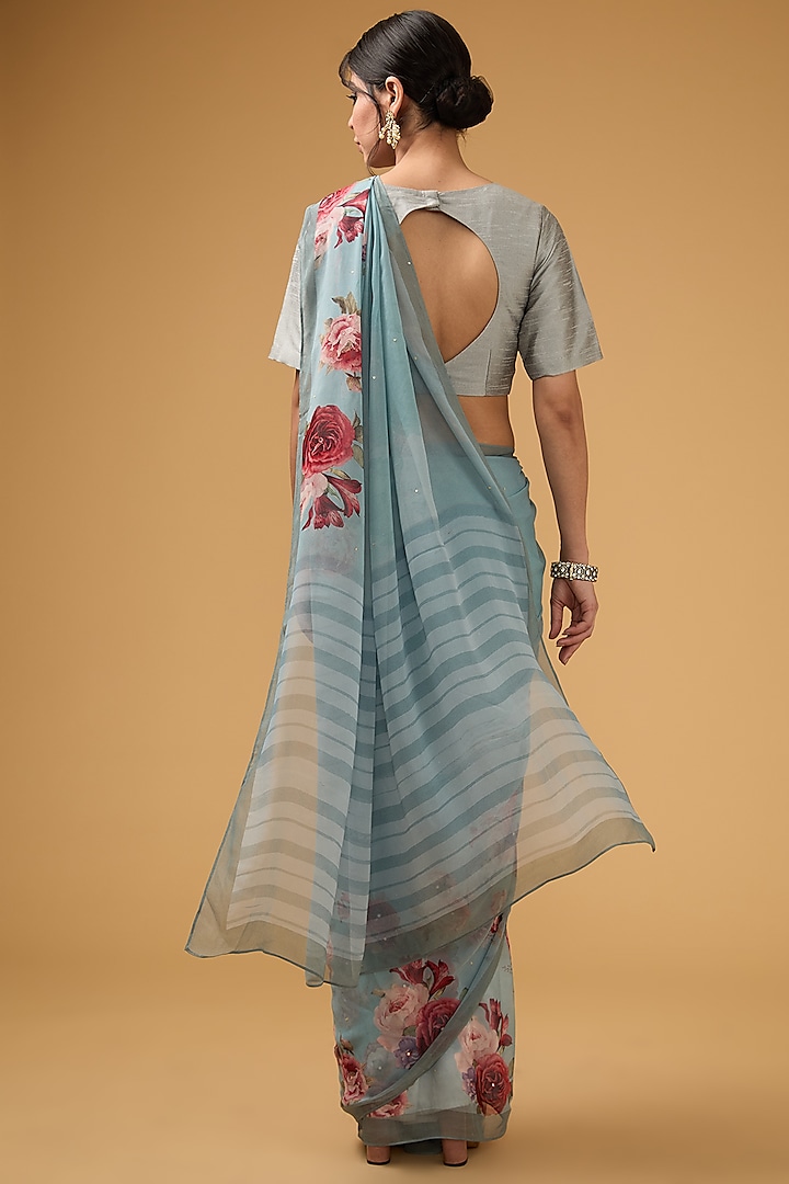 Grey Viscose Floral Digital Printed Party Wear Saree Set by Aharin India at Pernia's Pop Up Shop