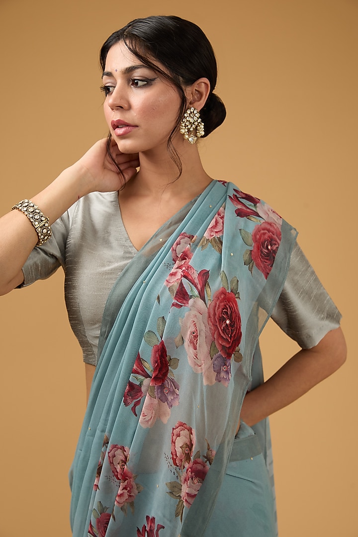 Grey Viscose Floral Digital Printed Party Wear Saree Set by Aharin India at Pernia's Pop Up Shop