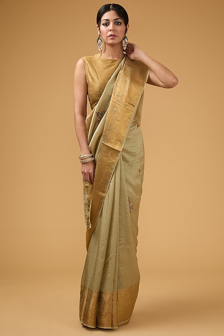 Beigish Olive Green Silk Floral Motif Embroidered Party Wear Saree Set by Aharin India at Pernia's Pop Up Shop