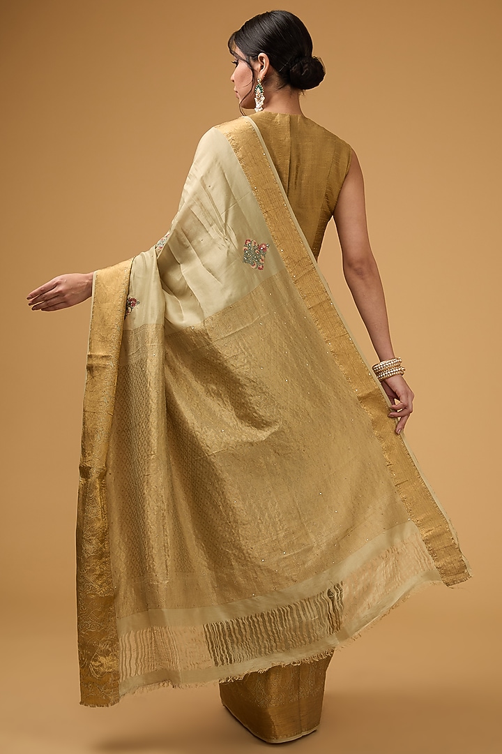 Beigish Olive Green Silk Floral Motif Embroidered Party Wear Saree Set by Aharin India at Pernia's Pop Up Shop