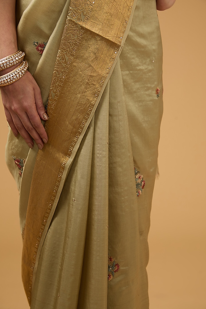 Beigish Olive Green Silk Floral Motif Embroidered Party Wear Saree Set by Aharin India at Pernia's Pop Up Shop