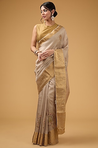Beigish Peach Silk Floral Motif Embroidered Saree Set by Aharin India